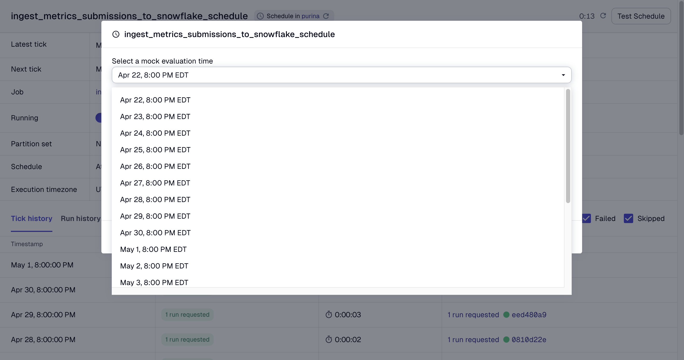 Selecting a mock evaluation time for a schedule in the Dagster UI